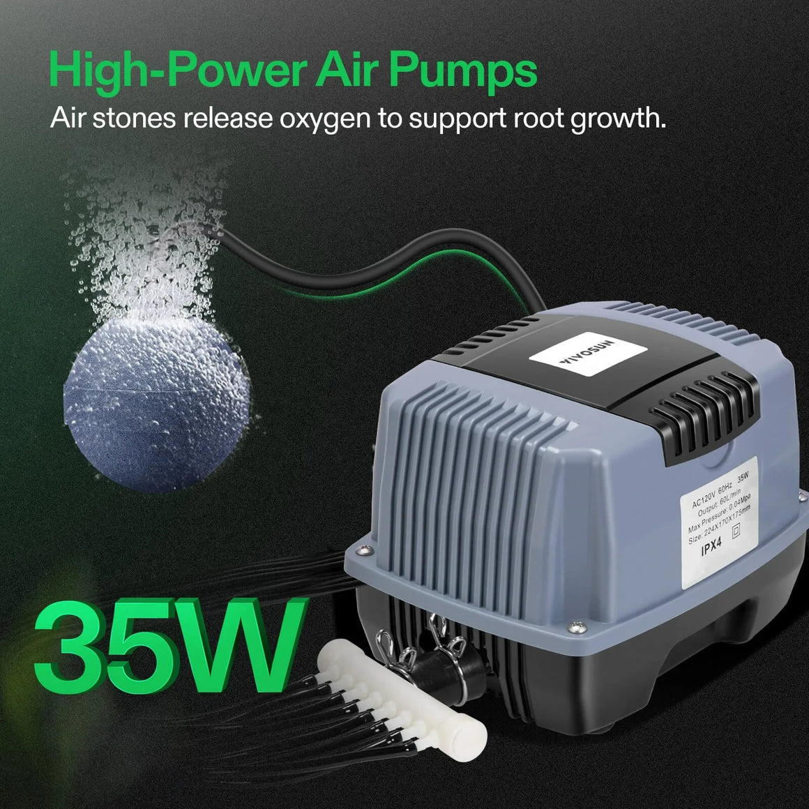 Vivosun 35W aquarium air pump & air stone with bubbles, releasing oxygen for root growth.