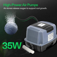 Vivosun 35W aquarium air pump & air stone with bubbles, releasing oxygen for root growth.