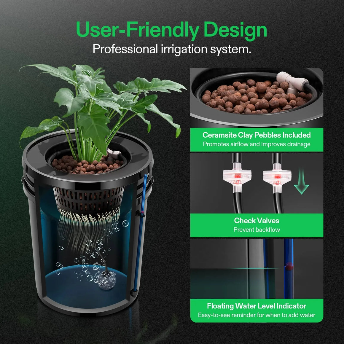 VIVOSUN 5-gallon DWC hydroponic system kit with plant, water level indicator, and check valves.