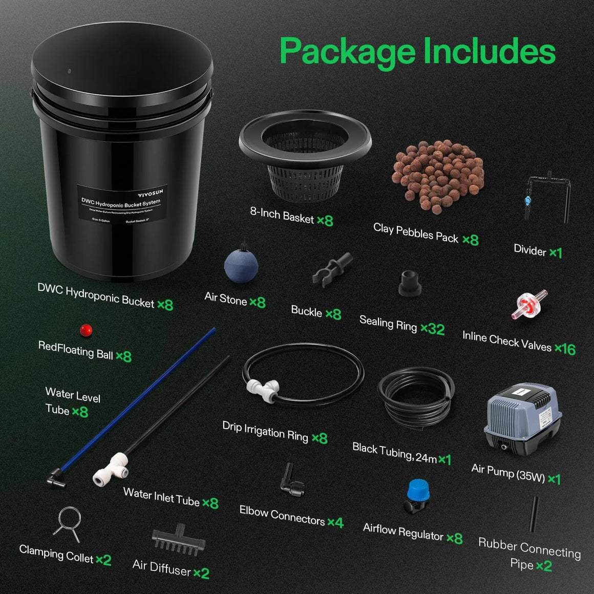 Vivosun 5-gallon DWC hydroponic kit includes 8 buckets, air pump, tubing, baskets, and more for growing plants.