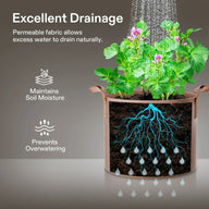 Brown fabric pot with potato plant, shows roots, excellent drainage and prevents overwatering.