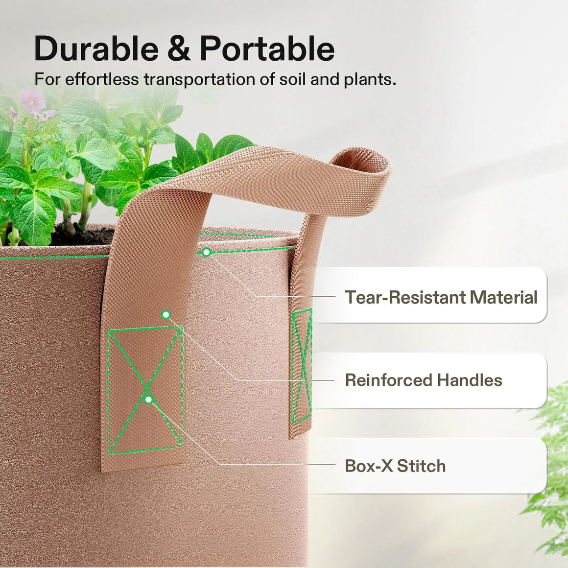 Vivosun 7-gallon grow bags: Durable, portable, tear-resistant material, reinforced handles, box-x stitch, shown with plants.