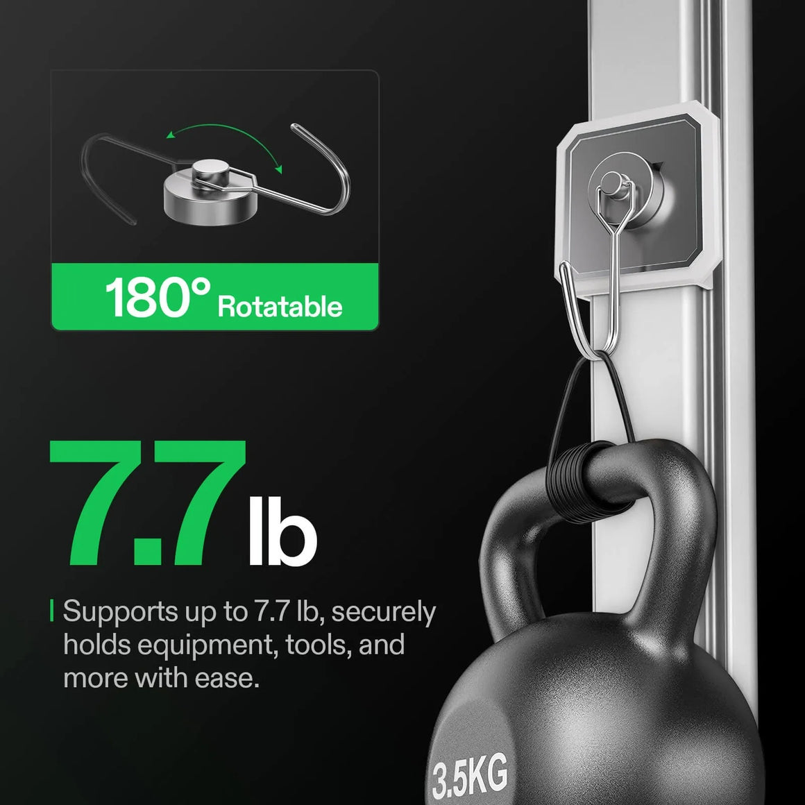 Vivosun magnetic hook supports 7.7 lbs, 180° rotatable, holding a 3.5KG kettlebell.