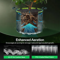 VIVOSUN grow bags with enhanced aeration, 3D PP air cushion base & PVC-coated mesh fabric for plant growth.