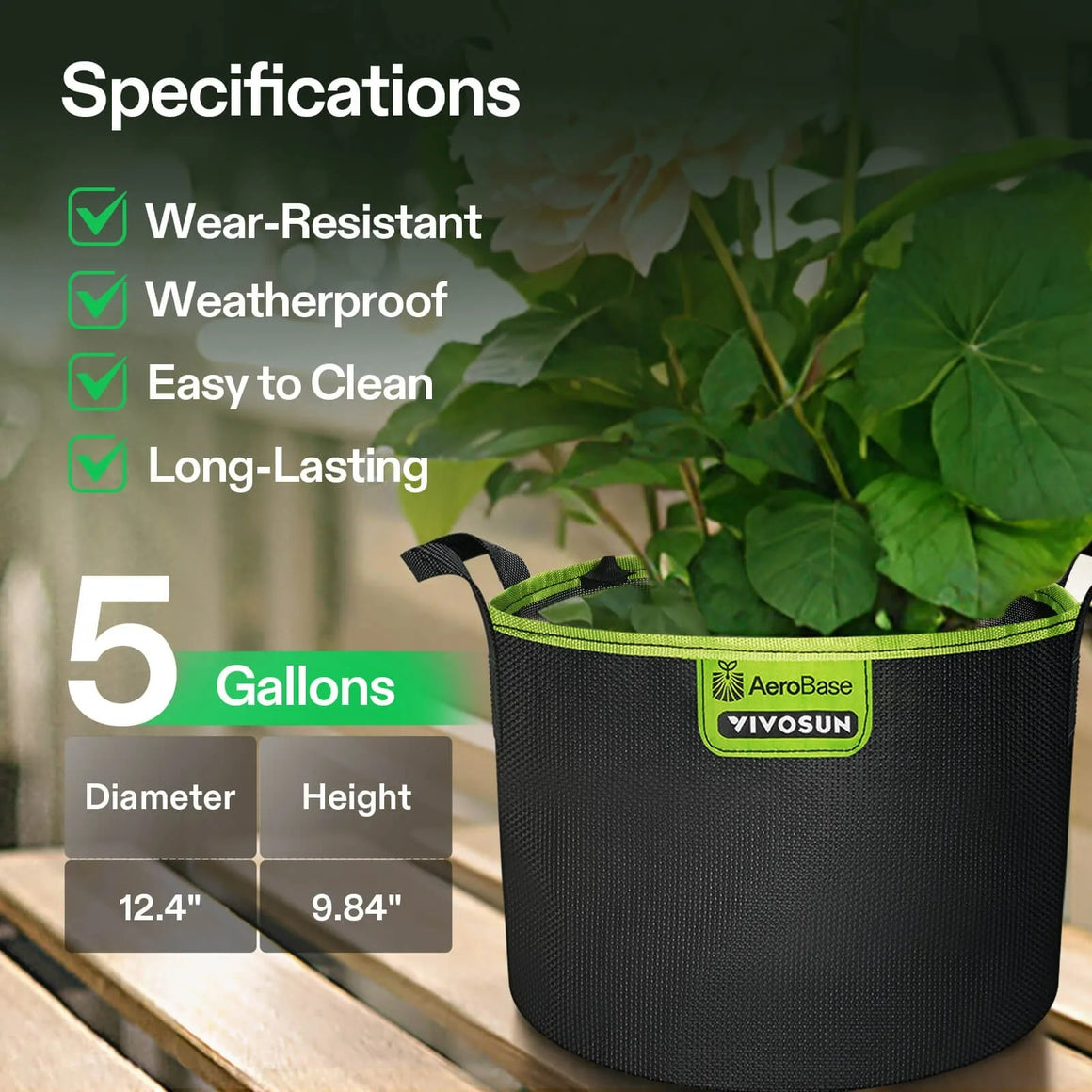 VIVOSUN AeroBase 5-gallon grow bag, 12.4" diameter, 9.84" height. Features include wear-resistant, weatherproof, easy-to-clean, and long-lasting.