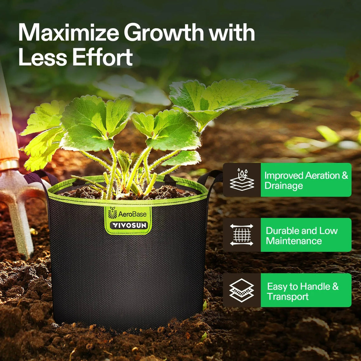 VIVOSUN AeroBase fabric grow bags with strawberry plant, showcasing "Improved Aeration & Drainage," "Durable and Low Maintenance," and "Easy to Handle & Transport."
