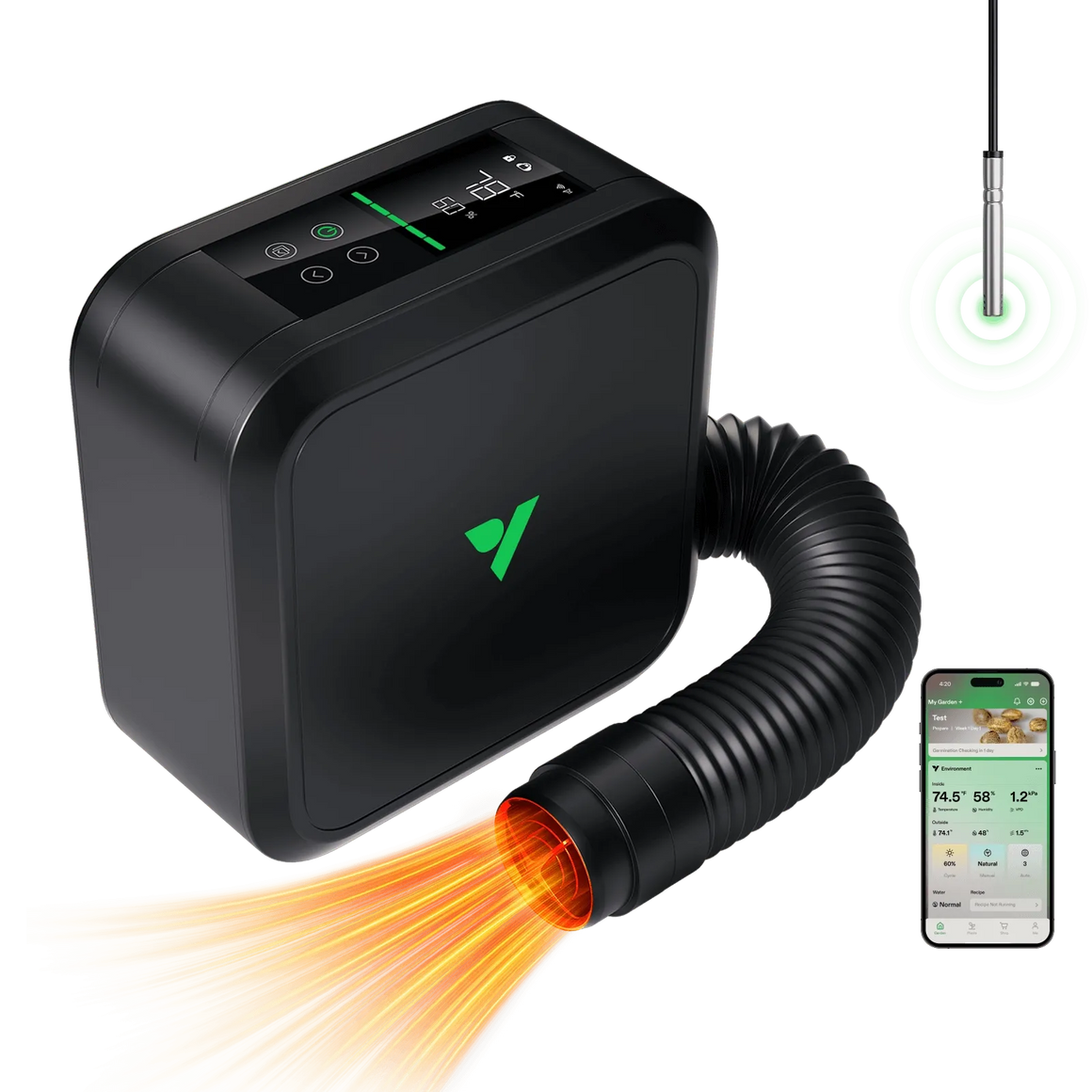 Vivosun AeroFlux W70 Smart Heater: black unit with digital display, hose emitting orange heat, and smartphone app.
