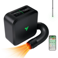 Vivosun AeroFlux W70 Smart Heater: black unit with digital display, hose emitting orange heat, and smartphone app.