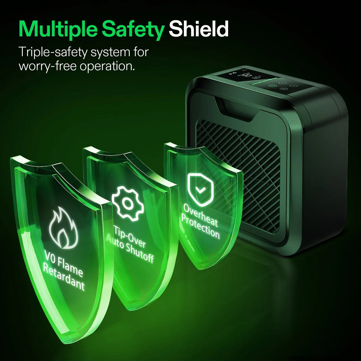 Green shields show safety features: V0 flame retardant, tip-over auto shutoff, overheat protection.