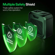 Green shields show safety features: V0 flame retardant, tip-over auto shutoff, overheat protection.