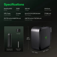 Vivosun AeroFlux W70 smart heater specifications and dimensions: 700W, 120V AC, 5 levels, 10ft sensor probe, 71in cord.