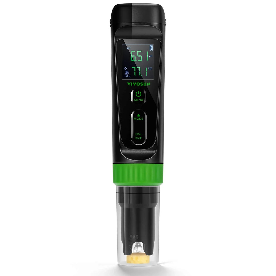 Vivosun AeroLab P30: Digital pH and temp meter with green accents, LCD screen displaying 6.51 pH and 77.1°F.