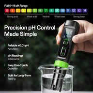 Digital pH meter in beaker of water, with pH scale graphic. Vivosun P30 AeroLab.