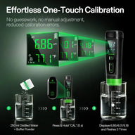 Vivosun P30 pH meter displays calibration readings (6.86, 4.01, 9.18) during one-touch calibration.