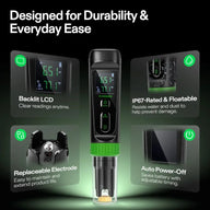 VIVOSUN AeroLab P30: pH meter with backlight LCD, IP67-rated, floatable, replaceable electrode, auto power-off.
