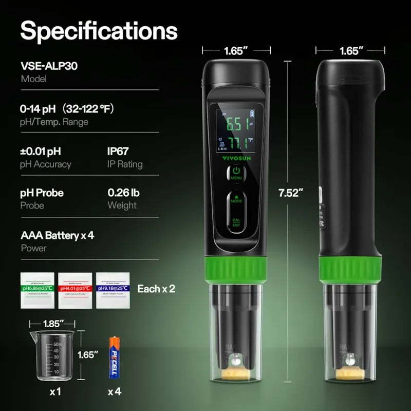 Vivosun AeroLab P30 pH meter: 0-14 pH range, ±0.01 pH accuracy, IP67, uses 4 AAA batteries.