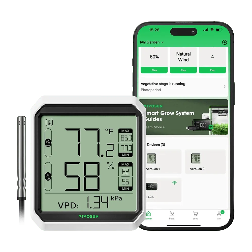 VIVOSUN AeroLab THB1S Bluetooth hygrometer thermometer shows 77.2°F & 58% humidity.