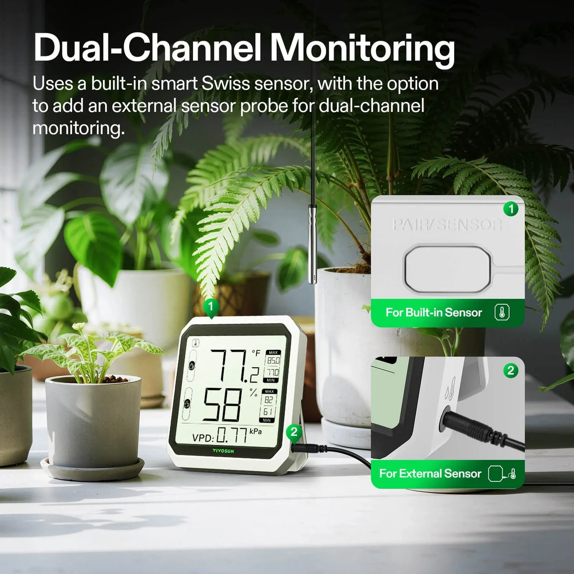 Vivosun AeroLab THB1S Bluetooth hygrometer thermometer with dual-channel monitoring for plants.