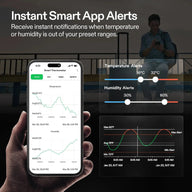 A phone displays a smart thermometer app with temperature and humidity graphs, alerts set from 16°C-32°C and 30%-80%.