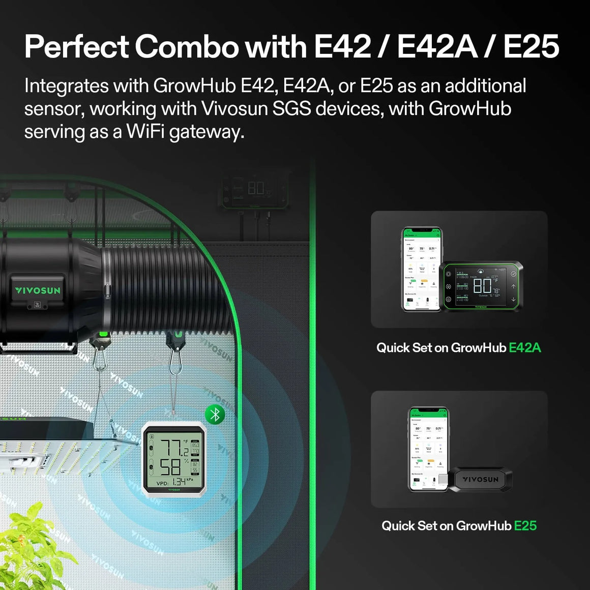 VIVOSUN Bluetooth hygrometer thermometer with GrowHub E42A or E25 for easy monitoring.