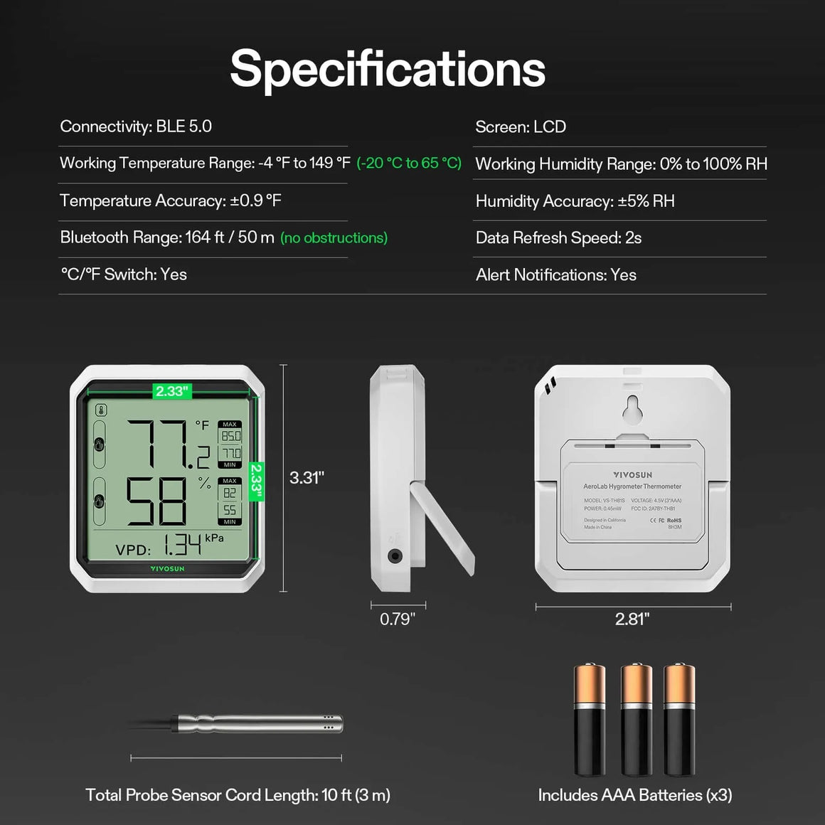 Vivosun AeroLab THB1S hygrometer thermometer with LCD screen, probe, and AAA batteries.