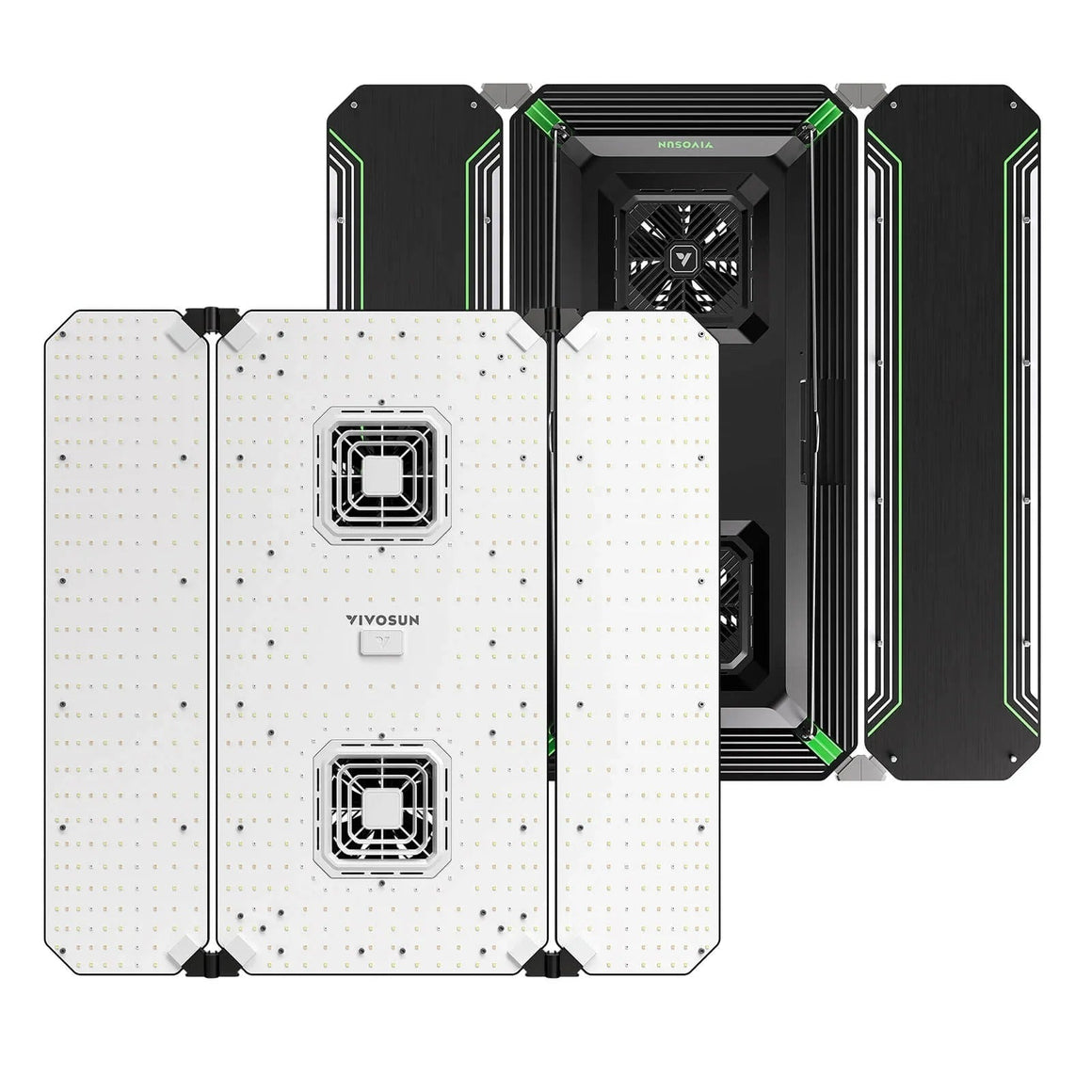 Vivosun AeroLight Wing 400W full spectrum LED grow light with white panels & fans, black housing & green trim.