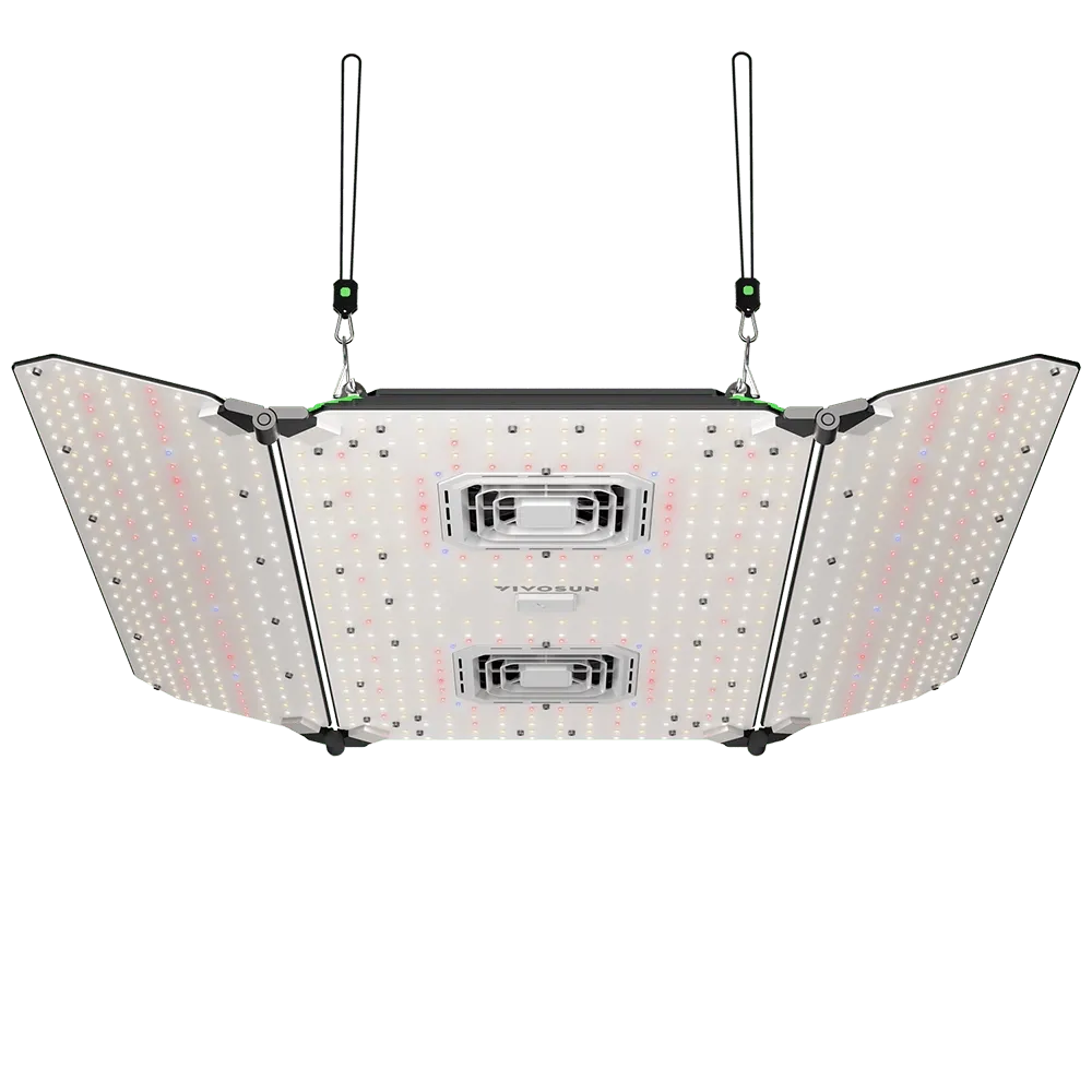 VIVOSUN AeroLight Wing full spectrum 400W LED grow light with angled panels, bright LEDs, cooling fans, and hanging ropes.