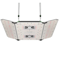VIVOSUN AeroLight Wing full spectrum 400W LED grow light with angled panels, bright LEDs, cooling fans, and hanging ropes.