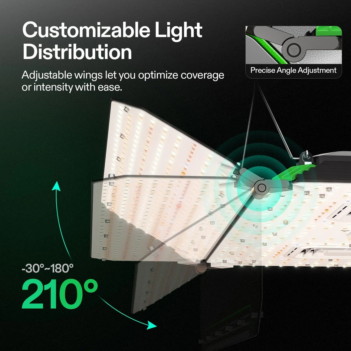 Vivosun AeroLight Wing 400W full spectrum grow light with adjustable LED panels showing 210° customizable light distribution.