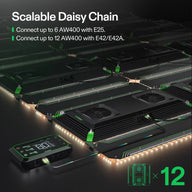 VIVOSUN AW400 grow lights in a scalable daisy chain system, with black panels, green connections, and a digital controller.