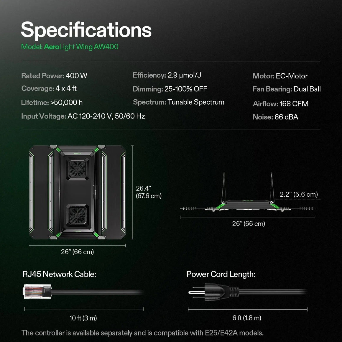 Vivosun AeroLight Wing AW400 400W Full Spectrum LED grow light specifications, dimensions, and cables.
