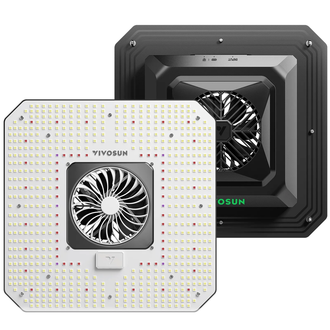 VIVOSUN AeroLight 120W LED grow light with fan, white and black models shown.