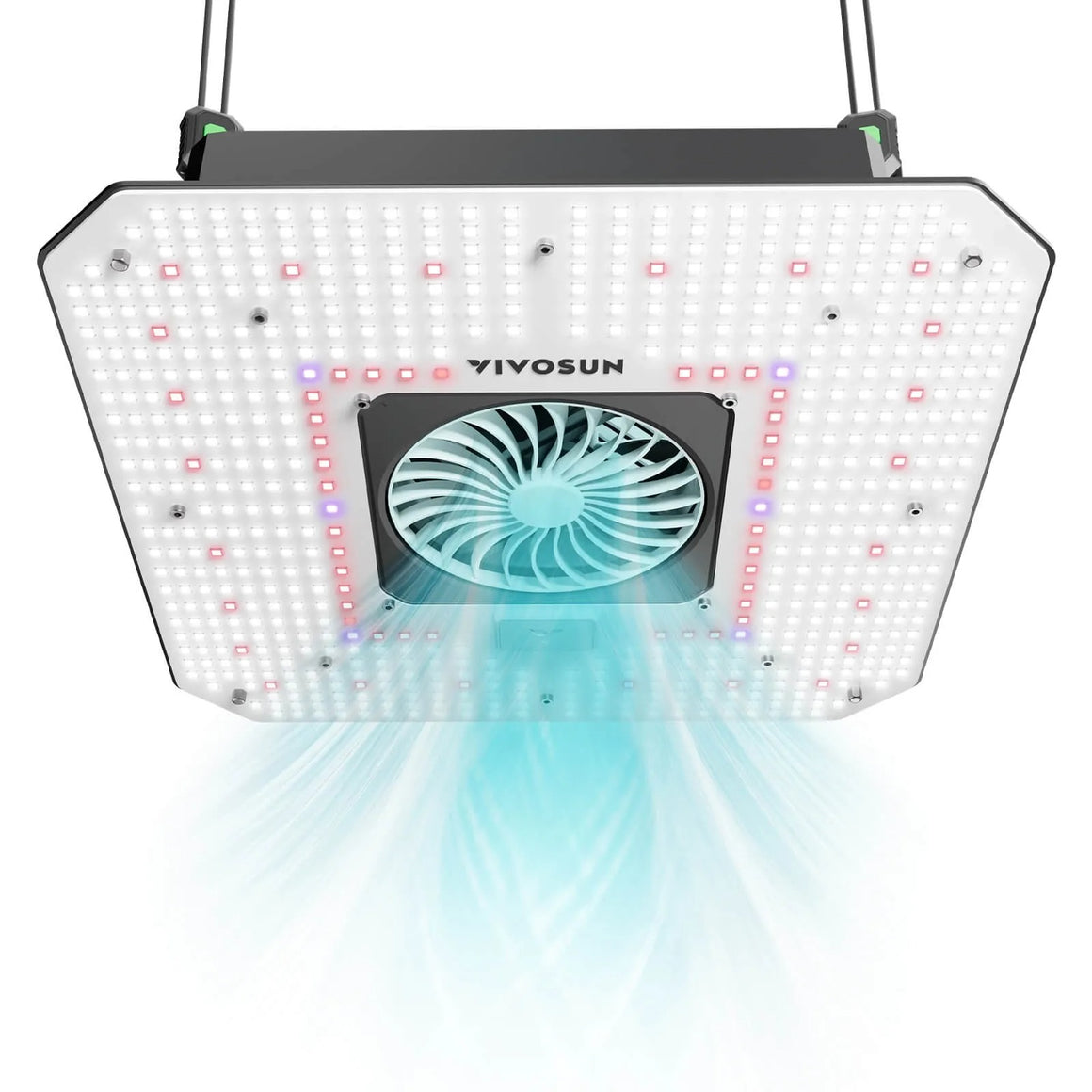A Vivosun AeroLight 120W LED grow light with a central fan blowing blue light.