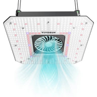 A Vivosun AeroLight 120W LED grow light with a central fan blowing blue light.