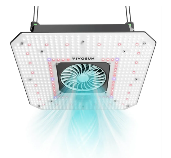 VIVOSUN AeroLight 180W LED grow light with integrated fan blowing blue light.