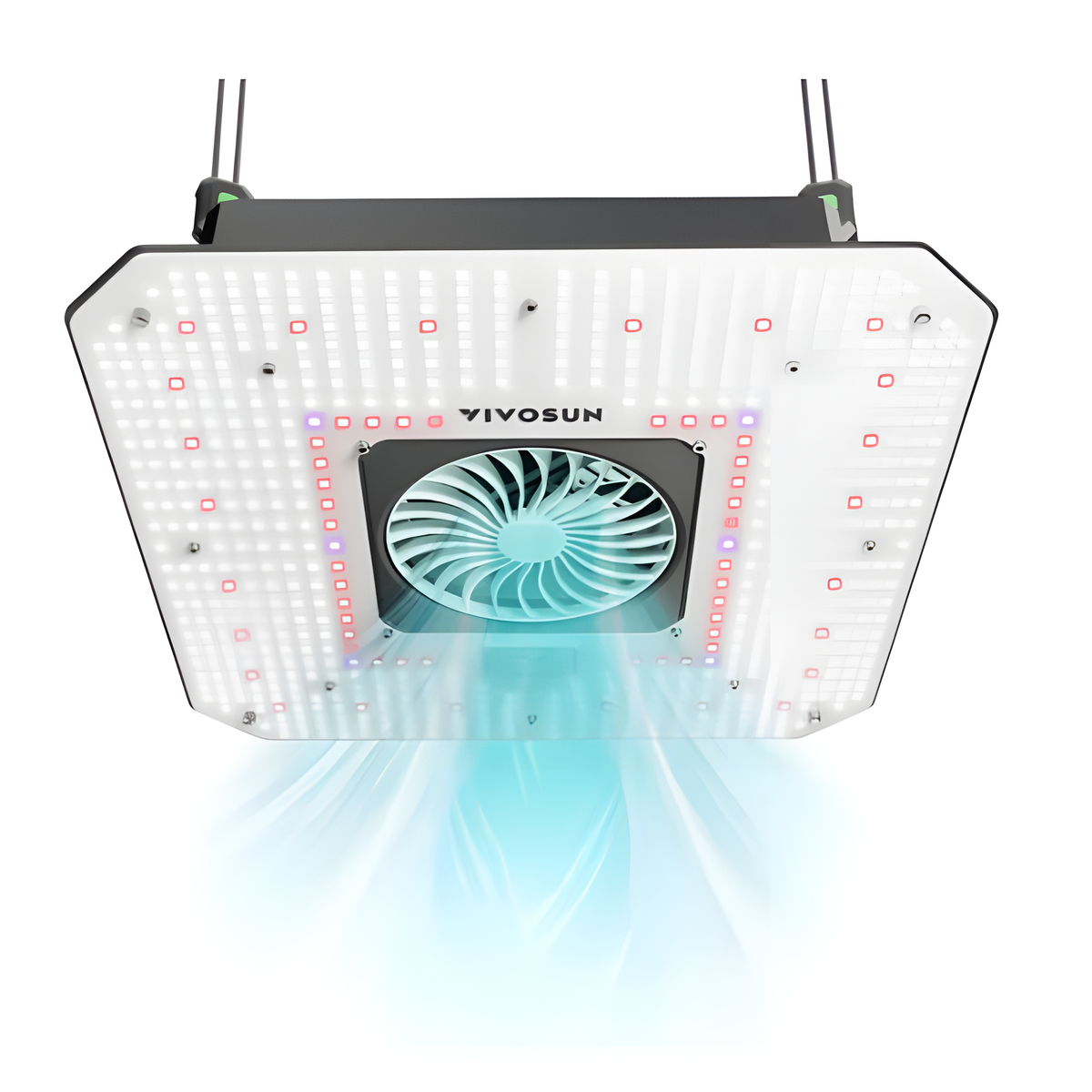 VIVOSUN AeroLight 180W LED grow light with integrated fan blowing blue light.