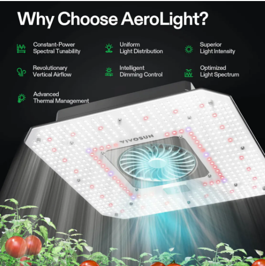 VIVOSUN AeroLight 180W LED grow light illuminates tomato plants with a bright, full-spectrum light, featuring a central fan and customizable features.