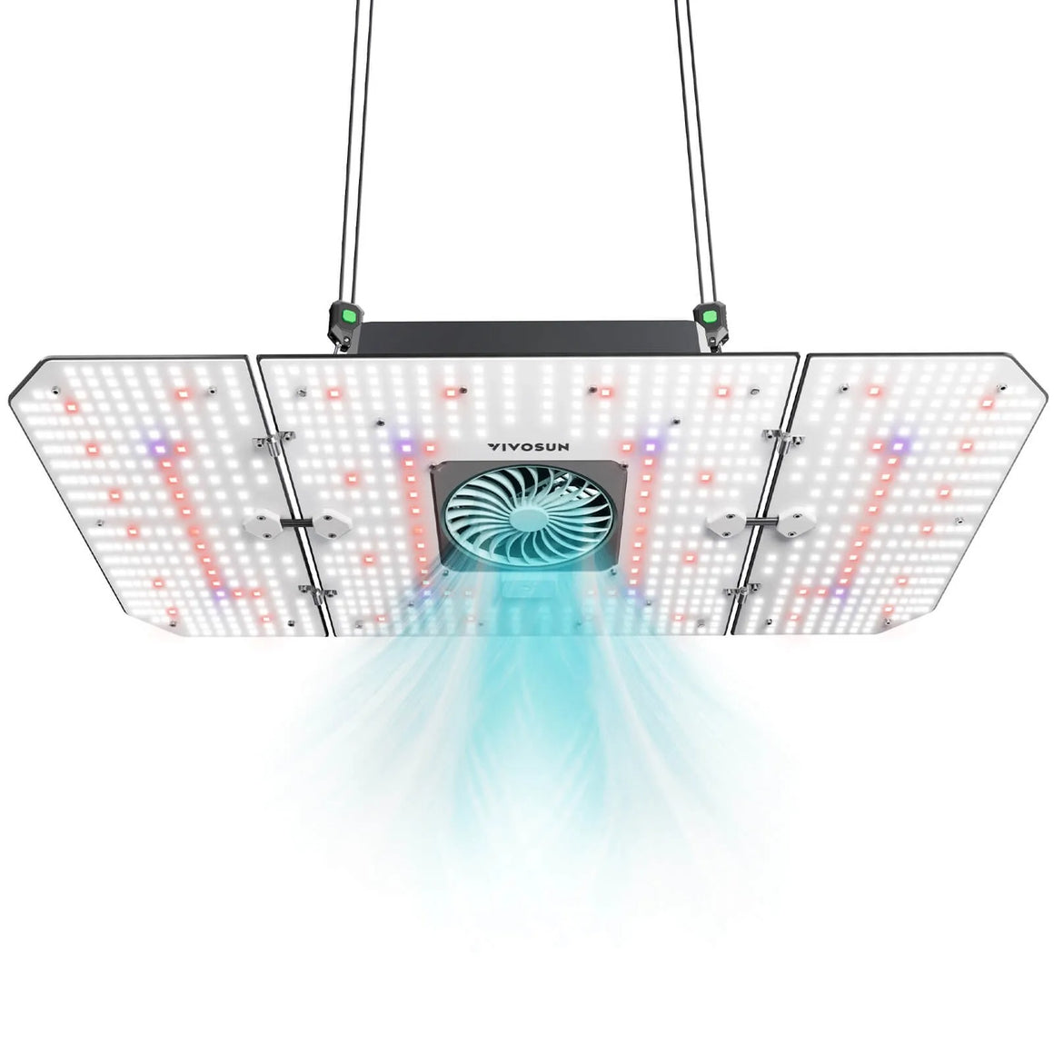 VIVOSUN AeroLight 240W grow light with fan and blue light flow.