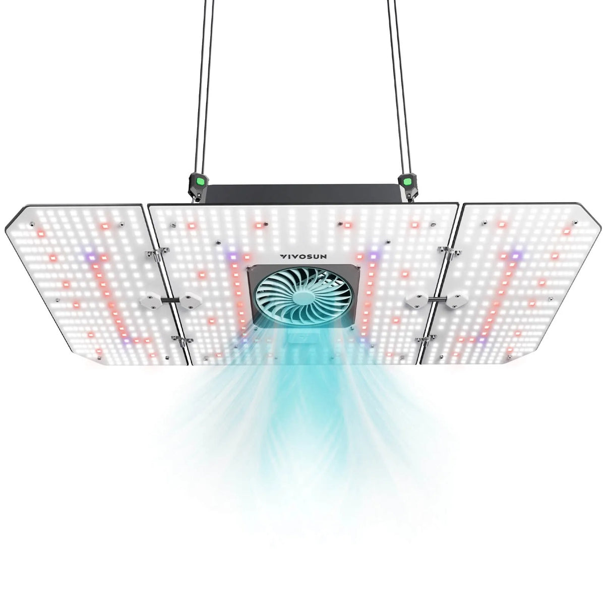VIVOSUN AeroLight 240W grow light with fan and blue light flow.