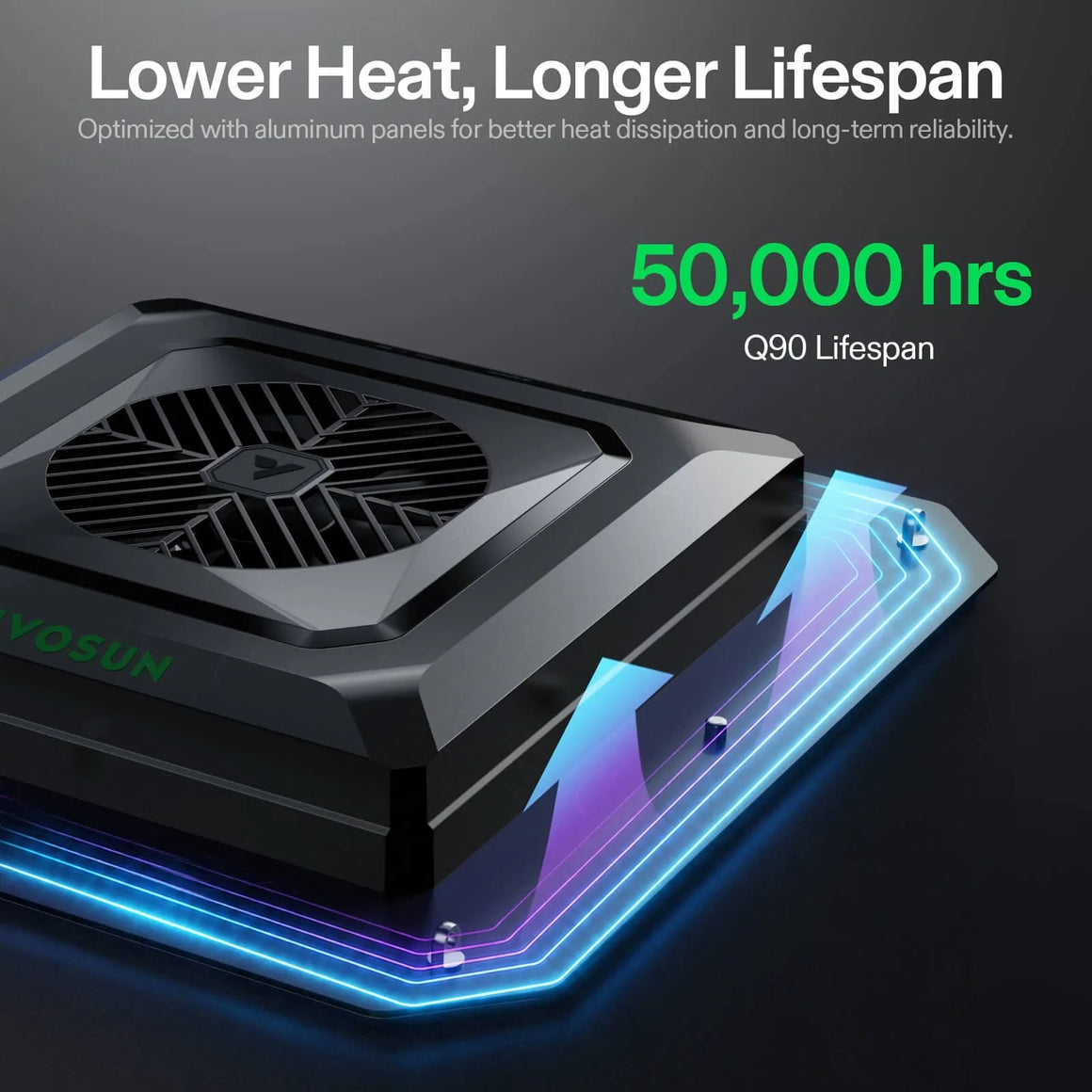 Black Vivosun AeroLight 240W cooler with glowing blue and purple lights, "50,000 hrs" lifespan.