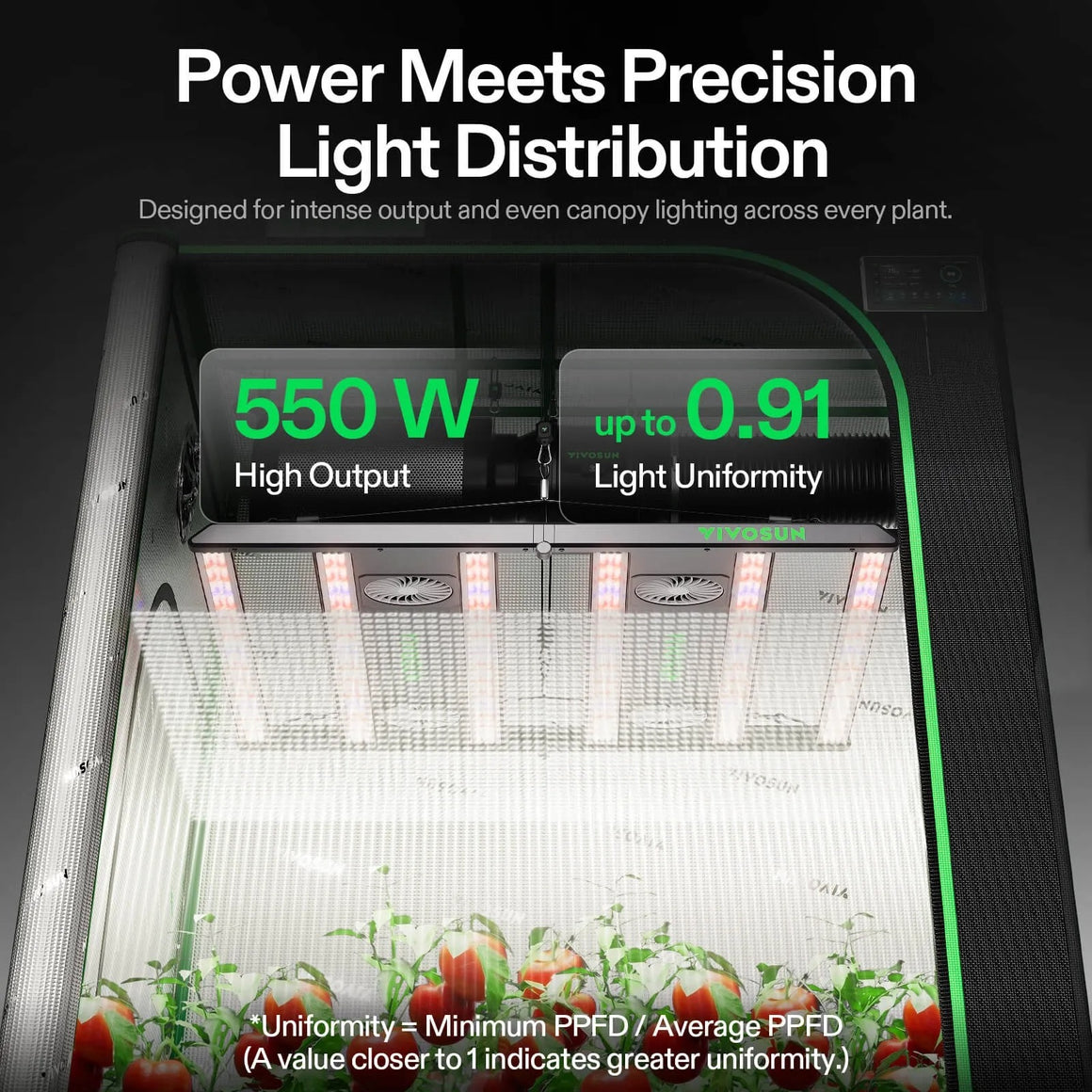 VIVOSUN AeroLight 240W grow light with 550W high output & 0.91 light uniformity, illuminating tomato plants.