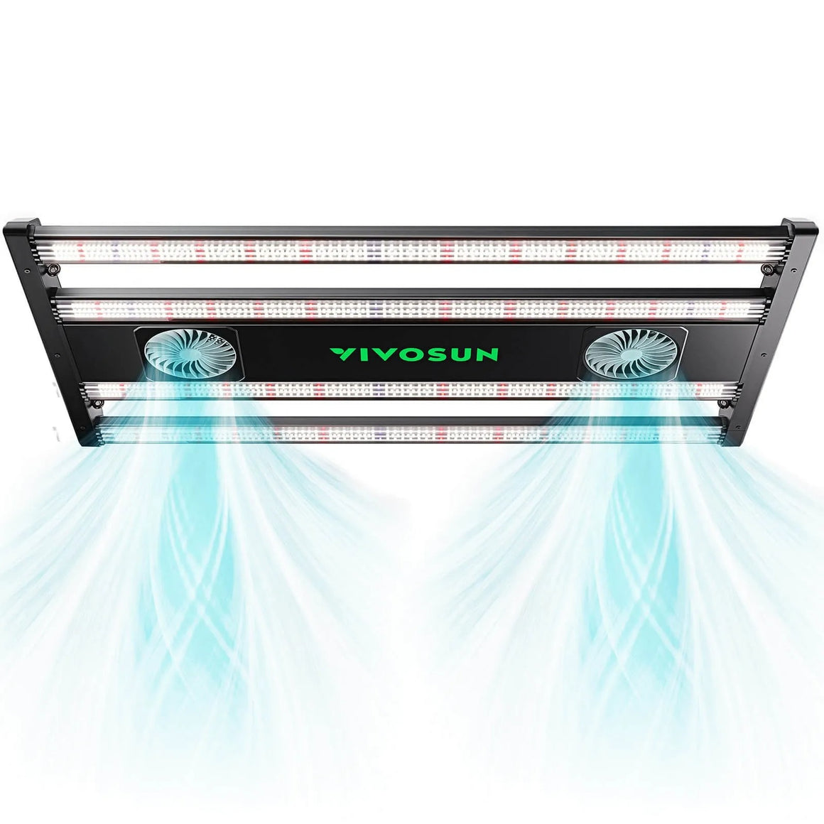 VIVOSUN AeroLight 320W LED grow light with two fans emitting cool blue airflow for plants.
