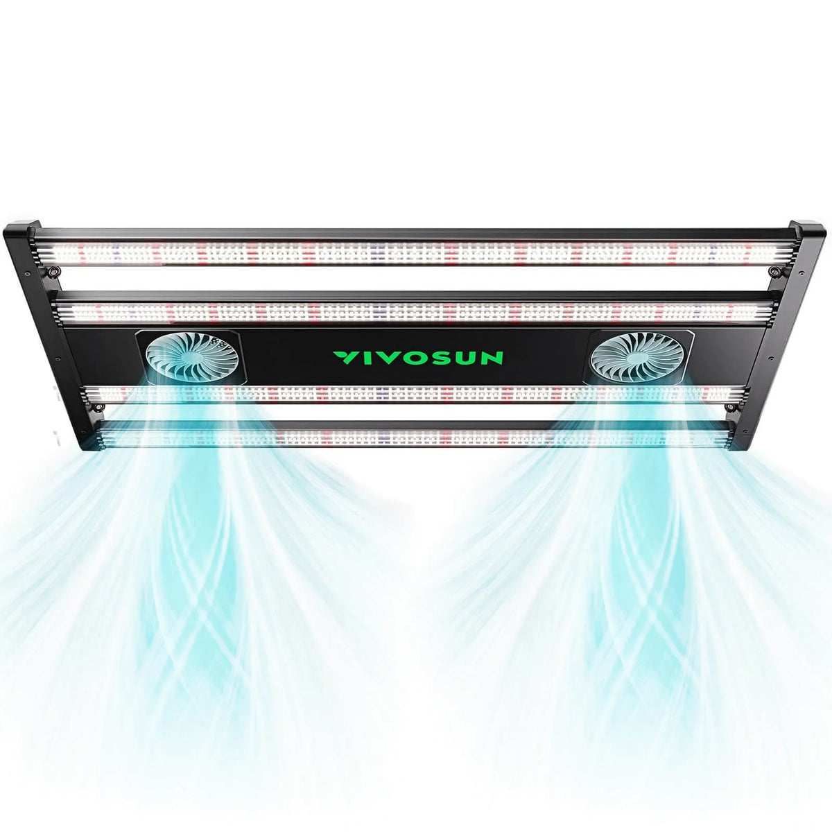 VIVOSUN AeroLight 320W LED grow light with two fans emitting cool blue airflow for plants.