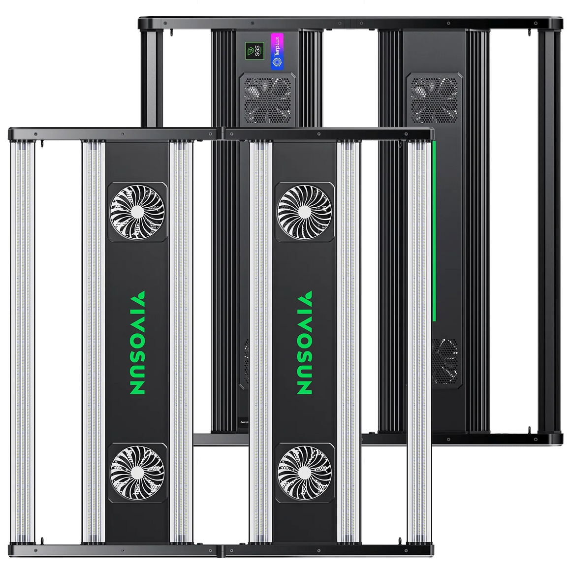 Vivosun AeroLight 850W grow light with fans, LED bars, and SGS/TerpLux labels.