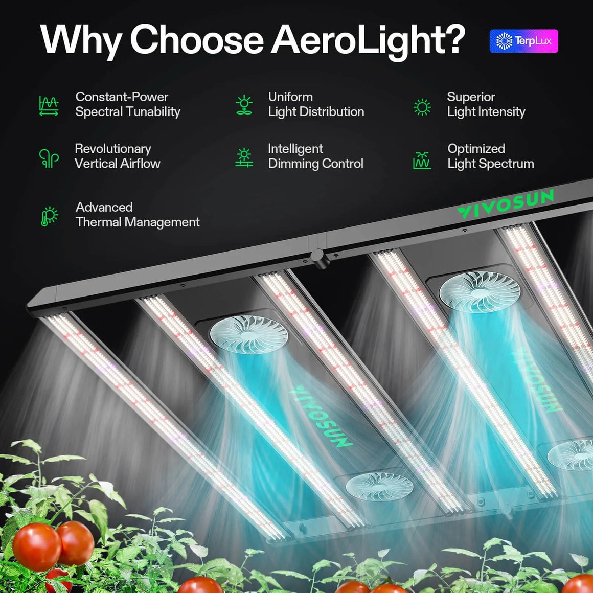 VIVOSUN AeroLight 850W LED grow light with fans illuminates tomato plants.