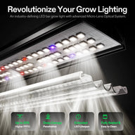 Vivosun AeroLight 850W LED grow light bar with advanced micro-lens optics, showing white, red & blue LEDs, and light beams.