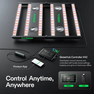 Vivosun AeroLight 850W LED grow light with controller, smartphone app, and device compatibility for remote control.
