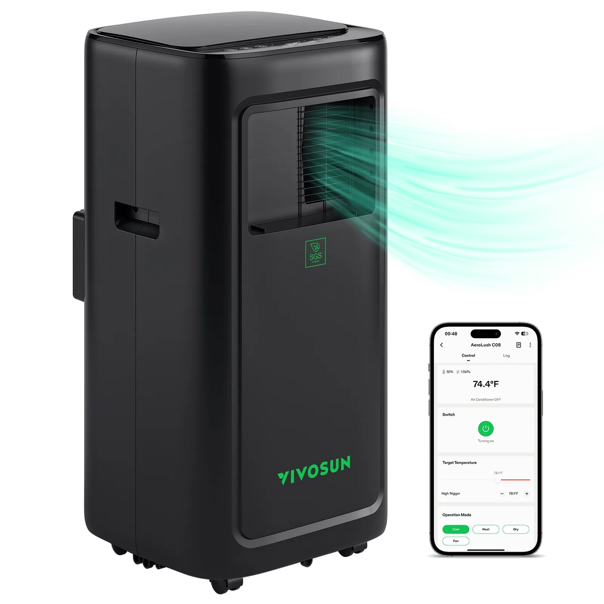 Sleek black VIVOSUN AeroLush C08 smart portable AC with green air output and smartphone app for remote control.