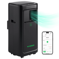 Sleek black VIVOSUN AeroLush C08 smart portable AC with green air output and smartphone app for remote control.