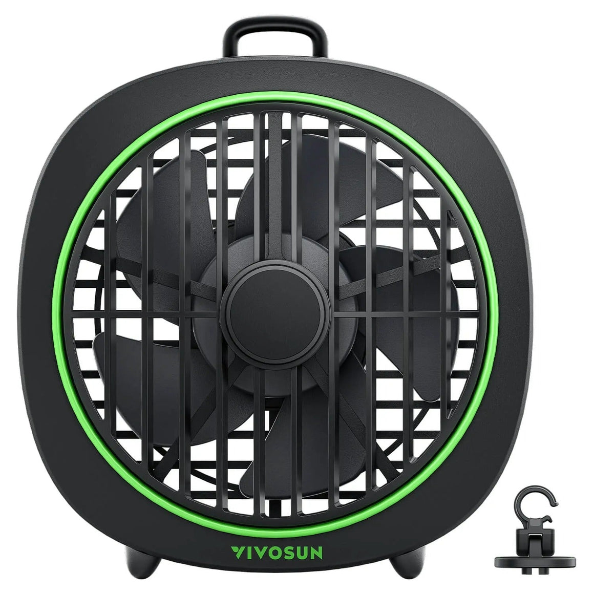 Black VIVOSUN AeroWave D4 grow tent clip fan with green LED light ring and separate clip hook.